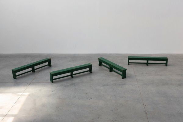 photo vintage Rustic Primitive Green Farmhouse Bench In Oak, France, 1900s