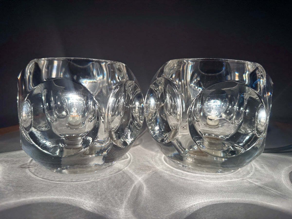 Pair Of 1970s German Peill & Putzler Clear Circular Concave Glass Table Lamps photo vinterior