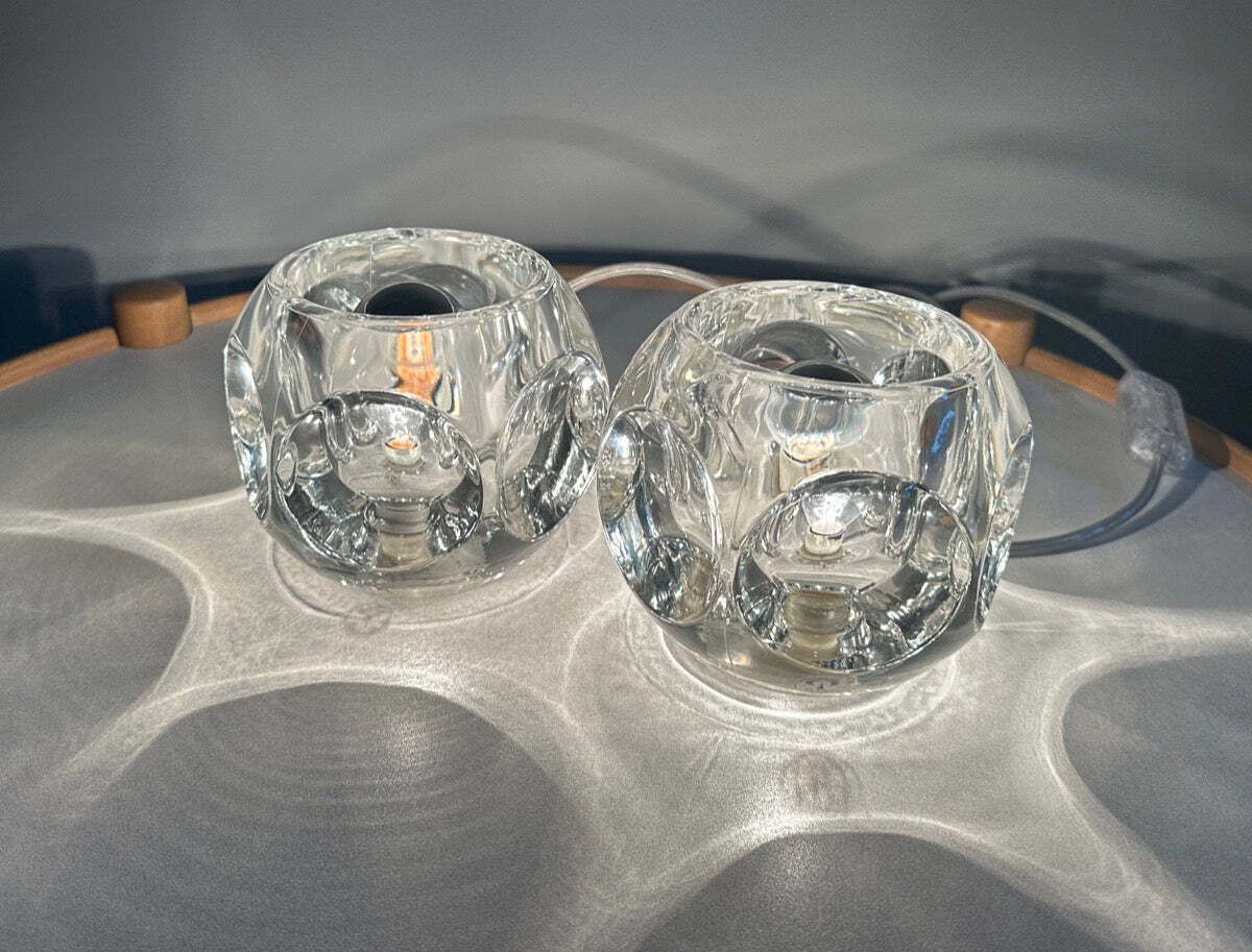 Pair Of 1970s German Peill & Putzler Clear Circular Concave Glass Table Lamps photo vintage