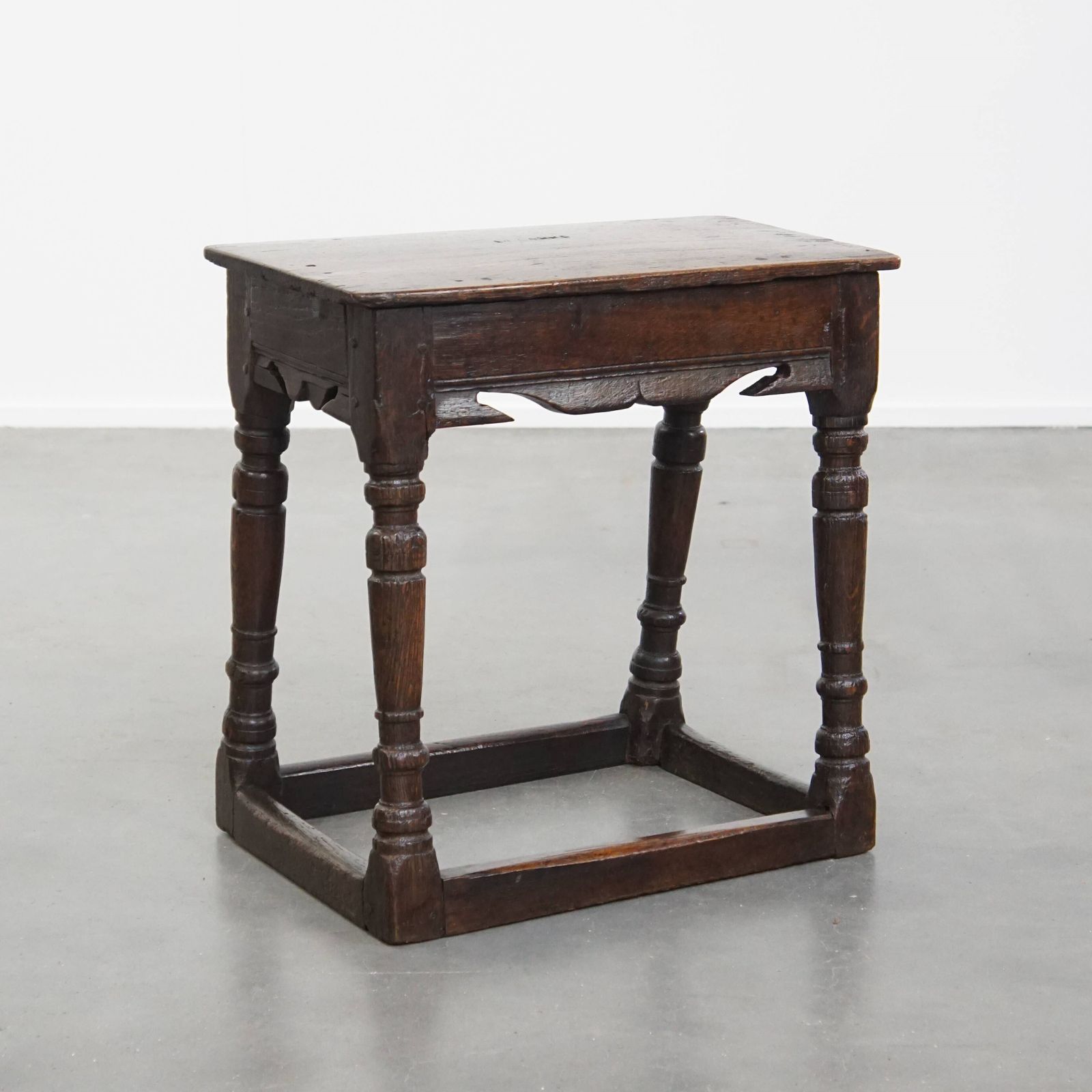 Charming And Versatile Signed Antique English Oak Joint Stool/Side Table From The 17th Century