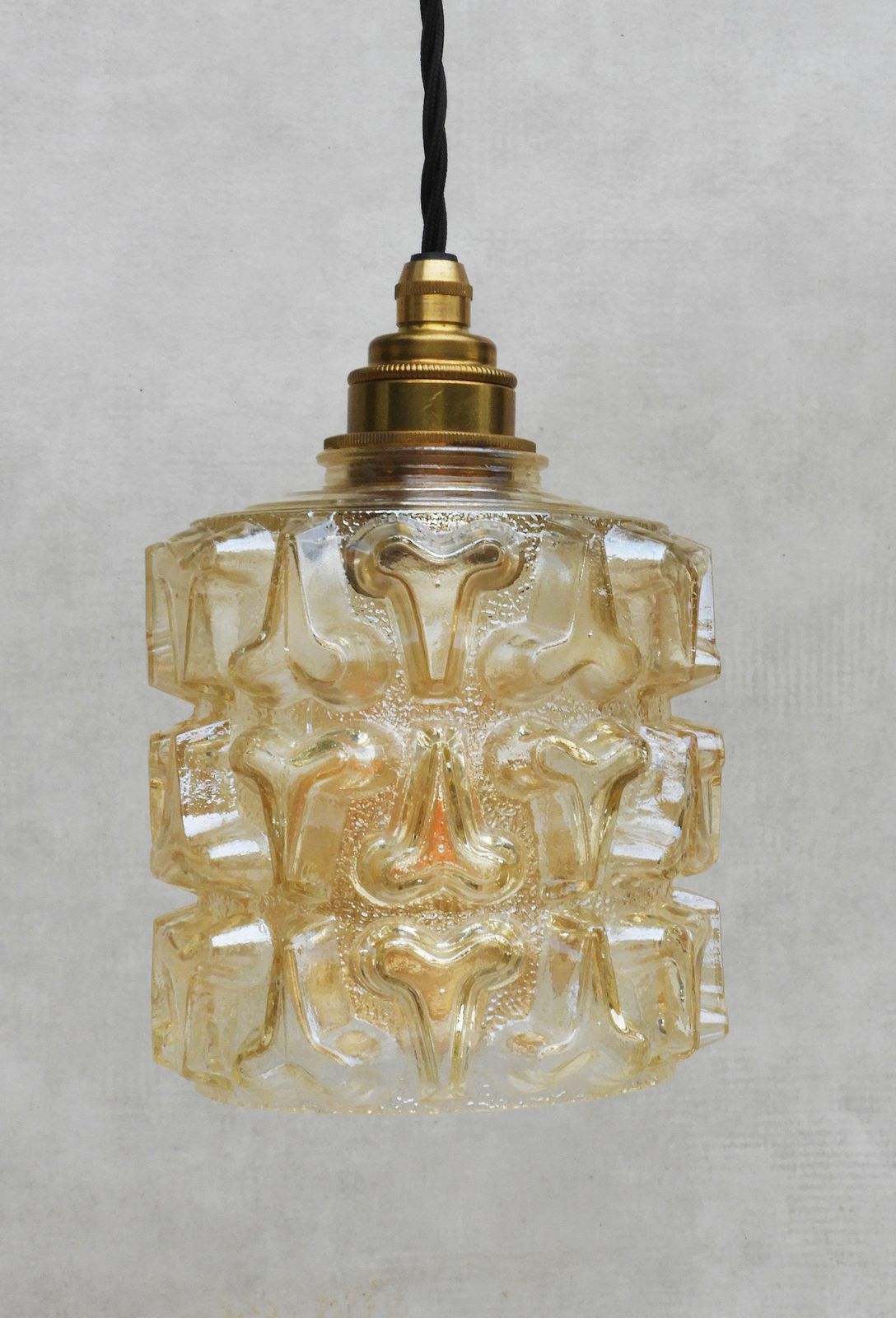 Pair French Mid Century Amber Glass Pendant Lights C1970 photo vinterior