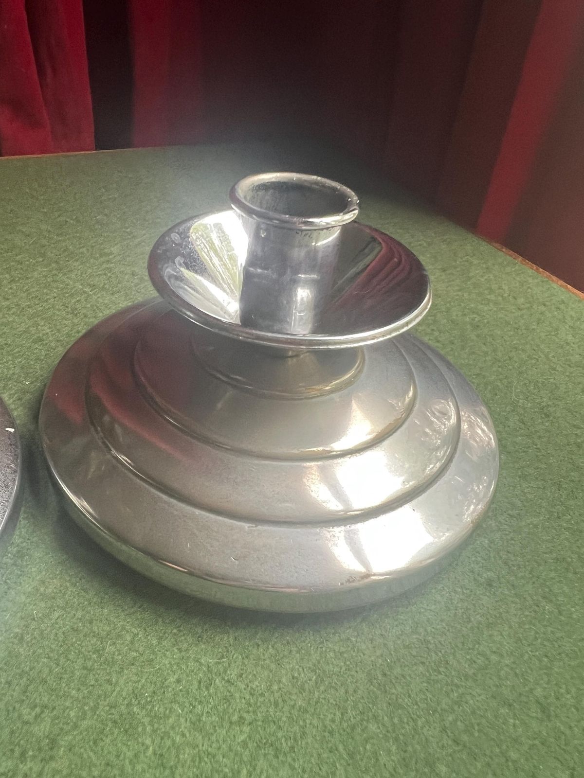 Pair Of Art Deco Style Silver Tone Candlesticks. Stepped Design Metal Candle Holders. photo for sale