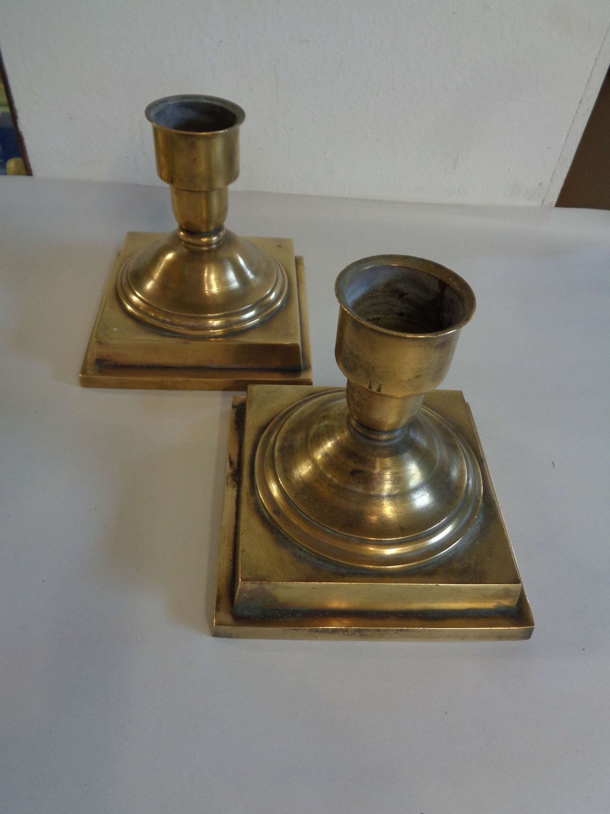 Antique Pair Of Bronze Square Candle Holders