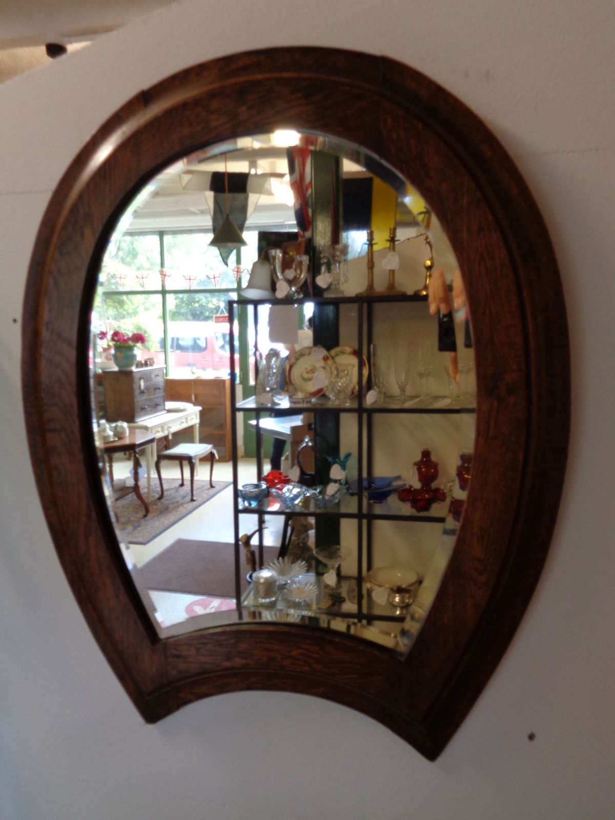 Antique Oak Framed 'Horseshoe' Bevelled Mirror photo furniture