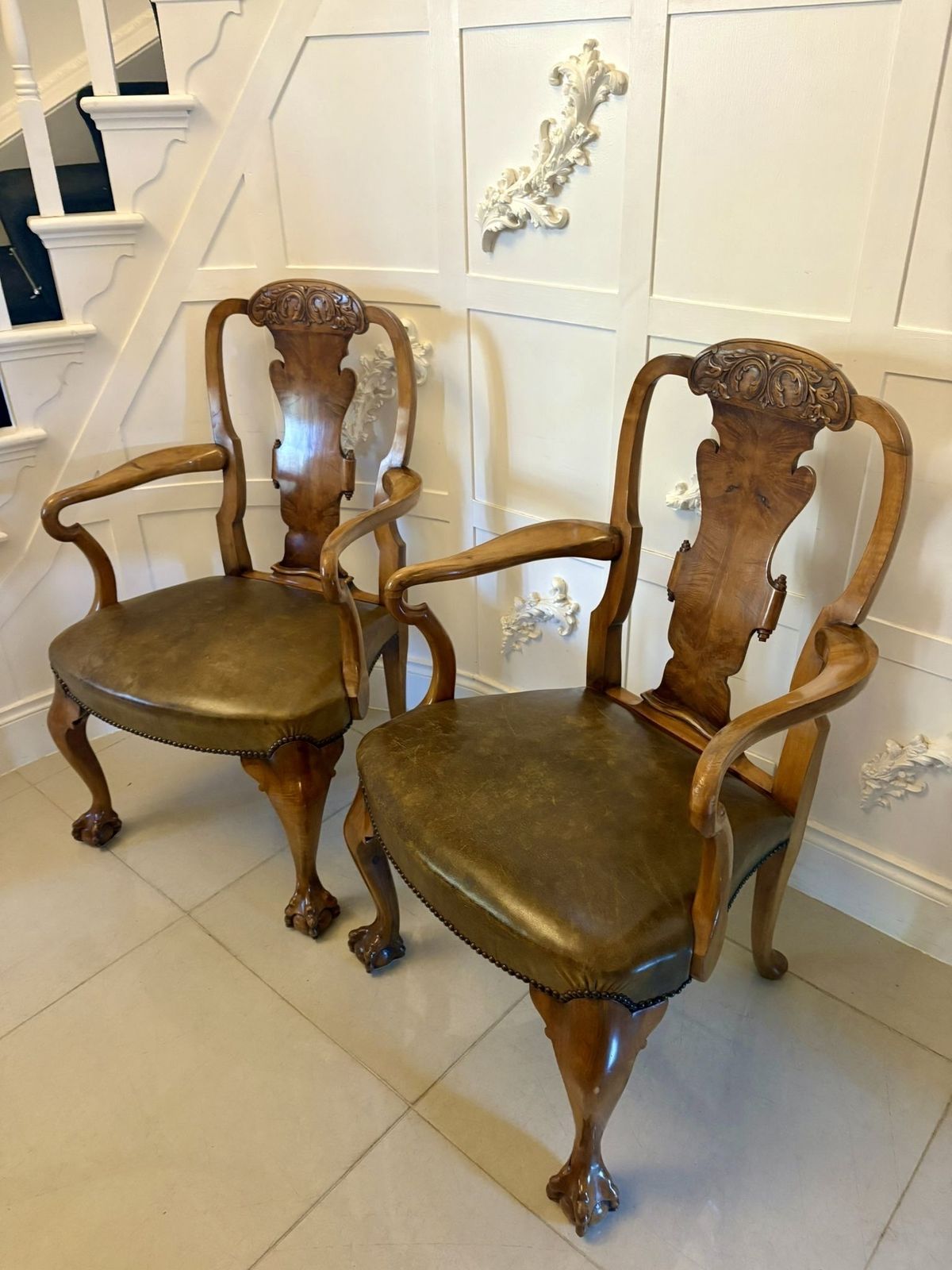 Furniture Outstanding Quality Pair Of Antique 19th Century Carved Walnut Office Chairs photo