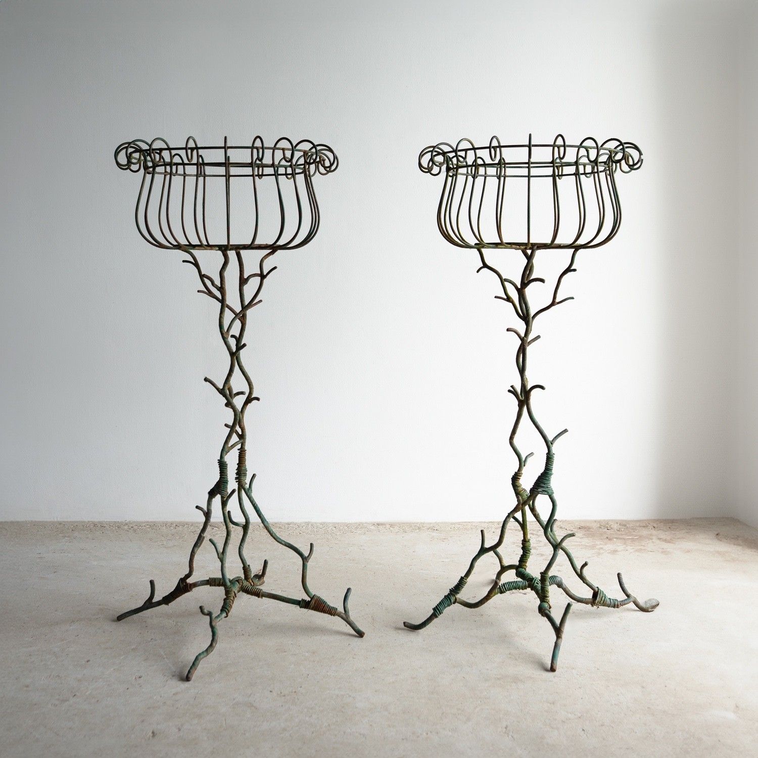 Pair Of Antique French Faux Bois Wrought Iron & Wirework Plant Stand Jardiniere photo furniture