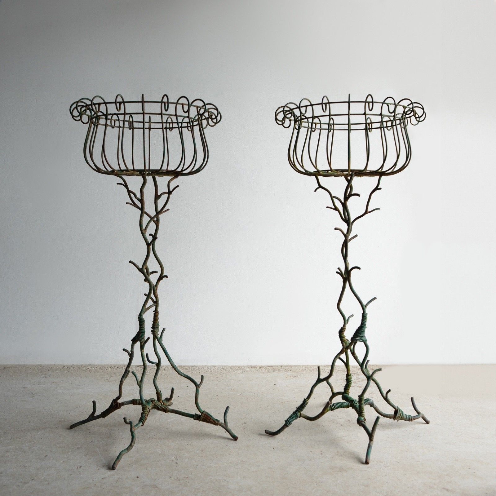 Pair Of Antique French Faux Bois Wrought Iron & Wirework Plant Stand Jardiniere photo vintage