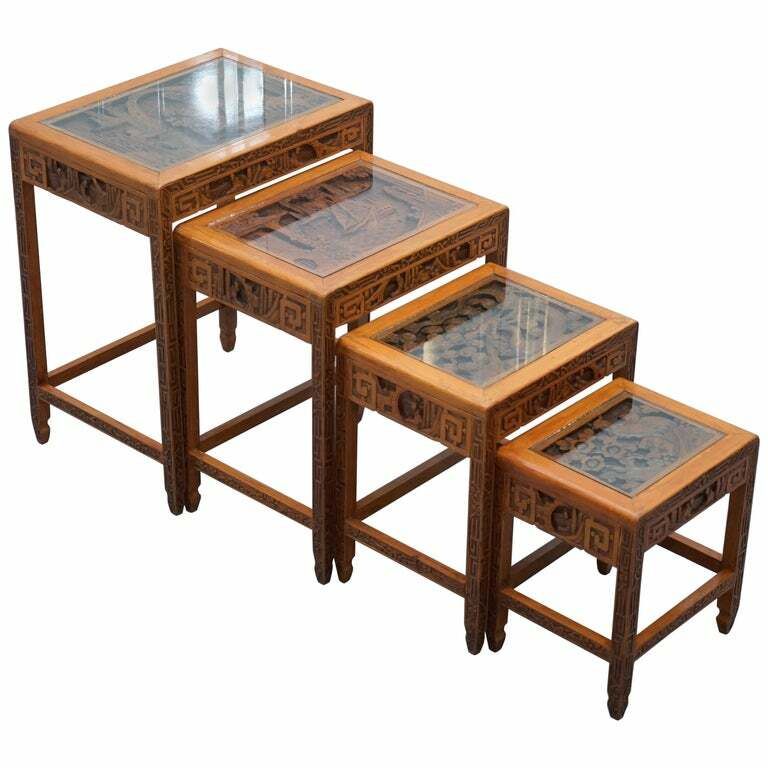 Carved Nest Of Chinese Tables Depicting Scenes Of Noblemen Dragon Boat Flowers
