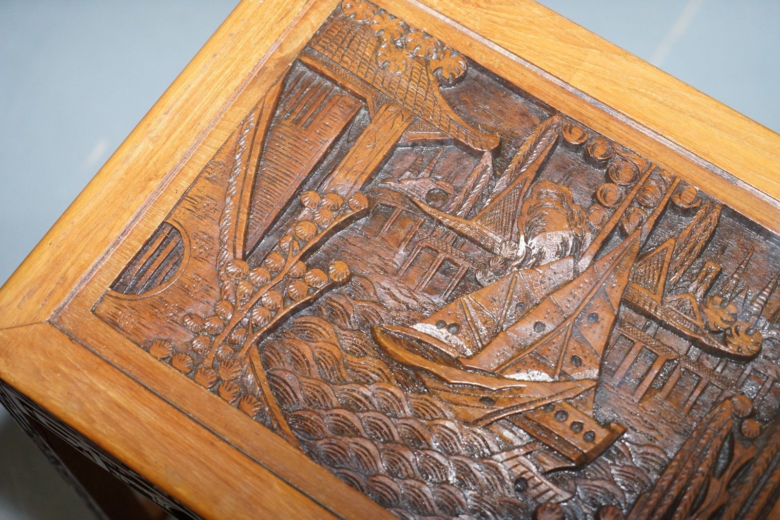 Carved Nest Of Chinese Tables Depicting Scenes Of Noblemen Dragon Boat Flowers photo buy