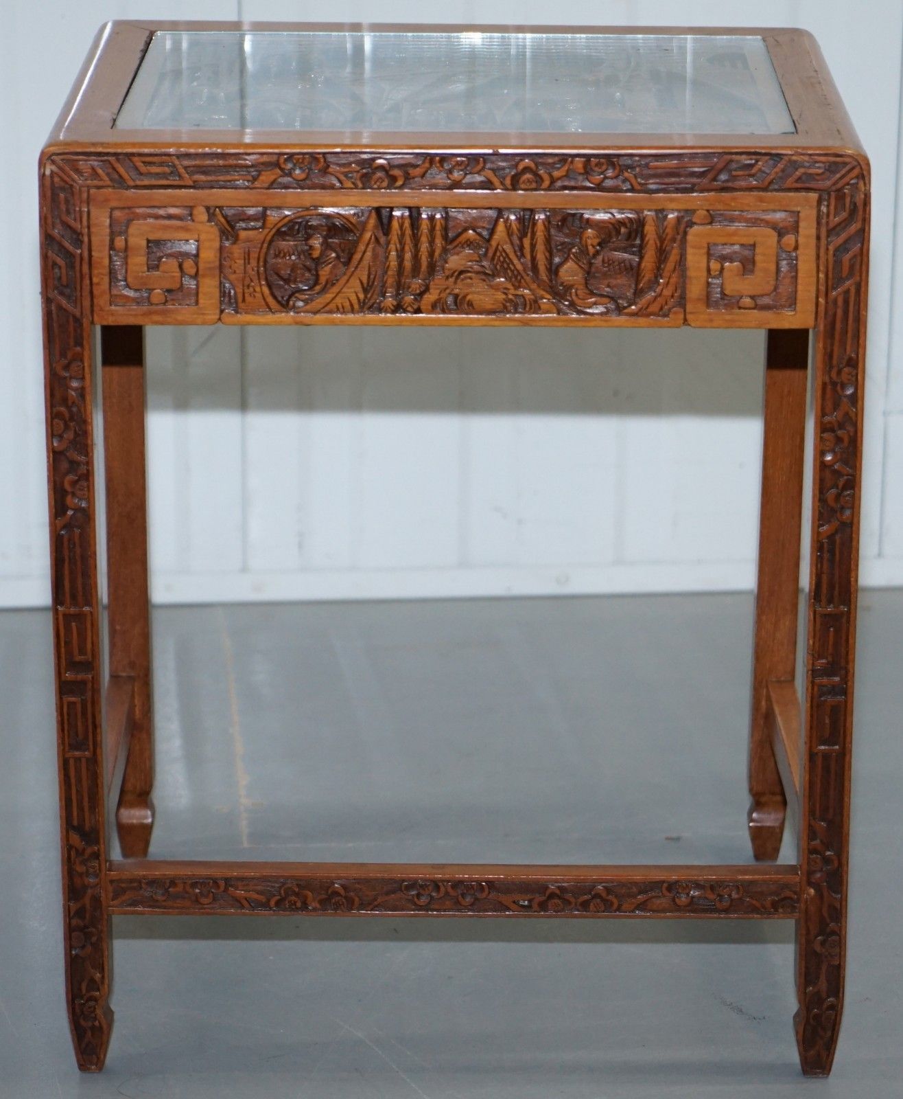 Carved Nest Of Chinese Tables Depicting Scenes Of Noblemen Dragon Boat Flowers photo vintage
