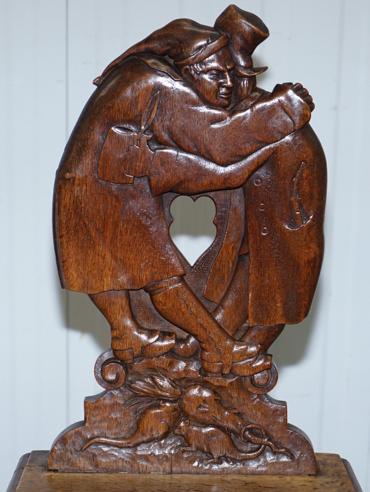 Black Forest Carve Oak Bobbin Hall Chair Depicting Two Friends Hugging Scrooge photo Furniture