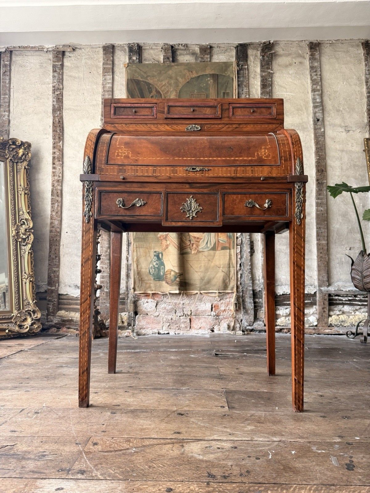 French Empire Louis XVI Marquetry Burr Antique Desk Roll Top Bureau Desk C 1880 photo furniture