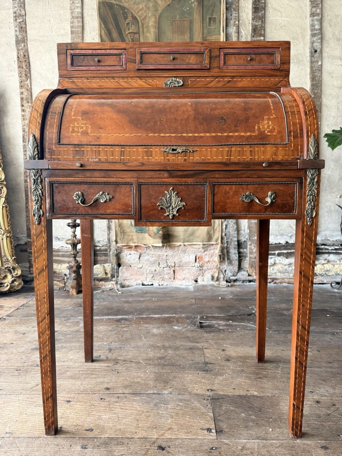French Empire Louis XVI Marquetry Burr Antique Desk Roll Top Bureau Desk C 1880 photo for sale