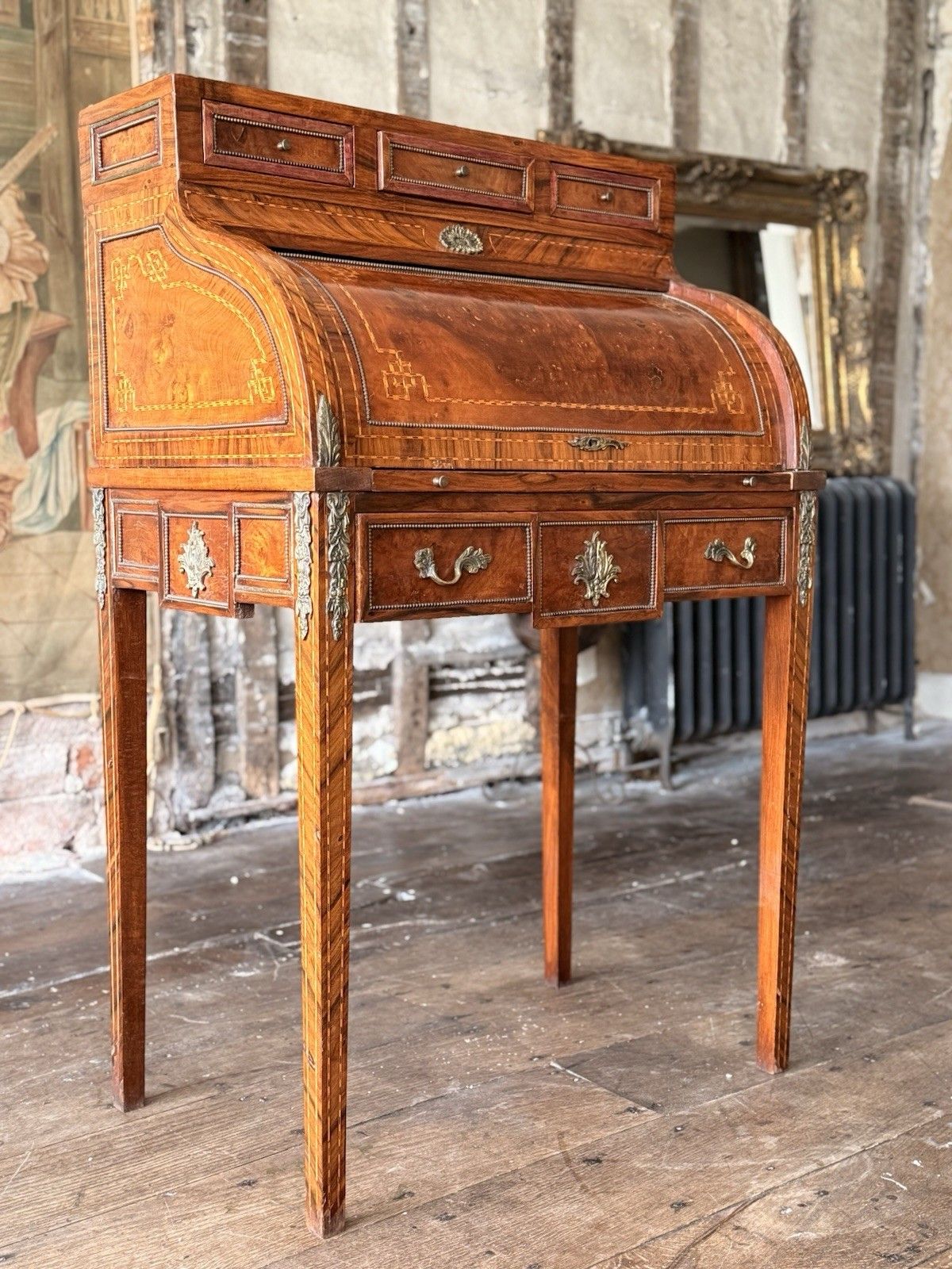 French Empire Louis XVI Marquetry Burr Antique Desk Roll Top Bureau Desk C 1880 photo vinterior