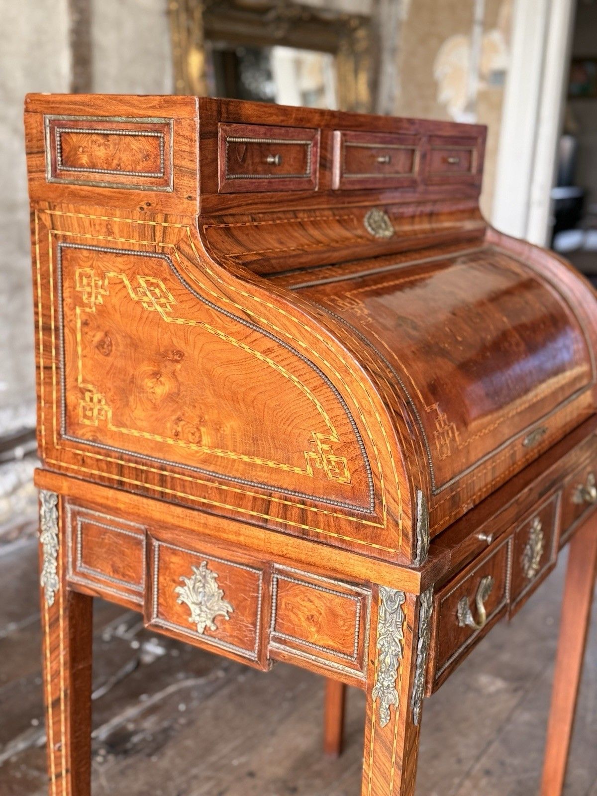 French Empire Louis XVI Marquetry Burr Antique Desk Roll Top Bureau Desk C 1880 photo buy
