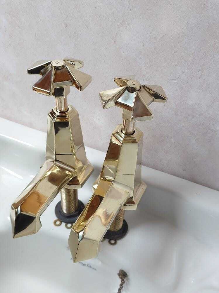 Pair Of Very Large Original Art Deco Bath Taps, Polished Brass Bathtub Faucets, 1920s Bath Taps, Overhauled And Ready To Fit photo vinterior