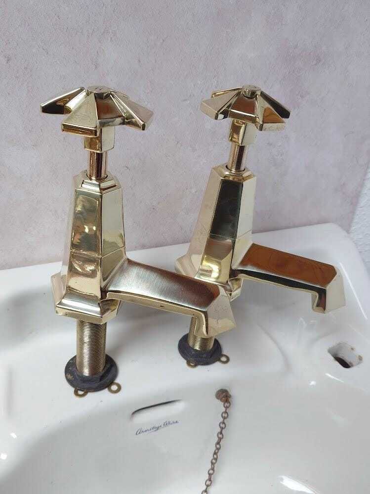 Pair Of Very Large Original Art Deco Bath Taps, Polished Brass Bathtub Faucets, 1920s Bath Taps, Overhauled And Ready To Fit photo vintage