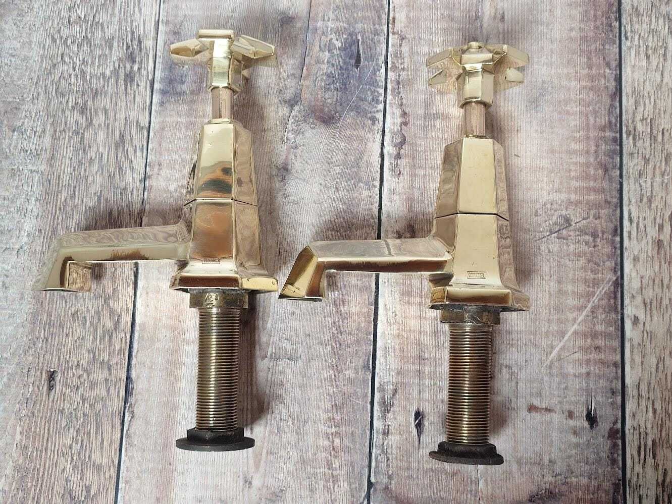 photo furniture Pair Of Very Large Original Art Deco Bath Taps, Polished Brass Bathtub Faucets, 1920s Bath Taps, Overhauled And Ready To Fit