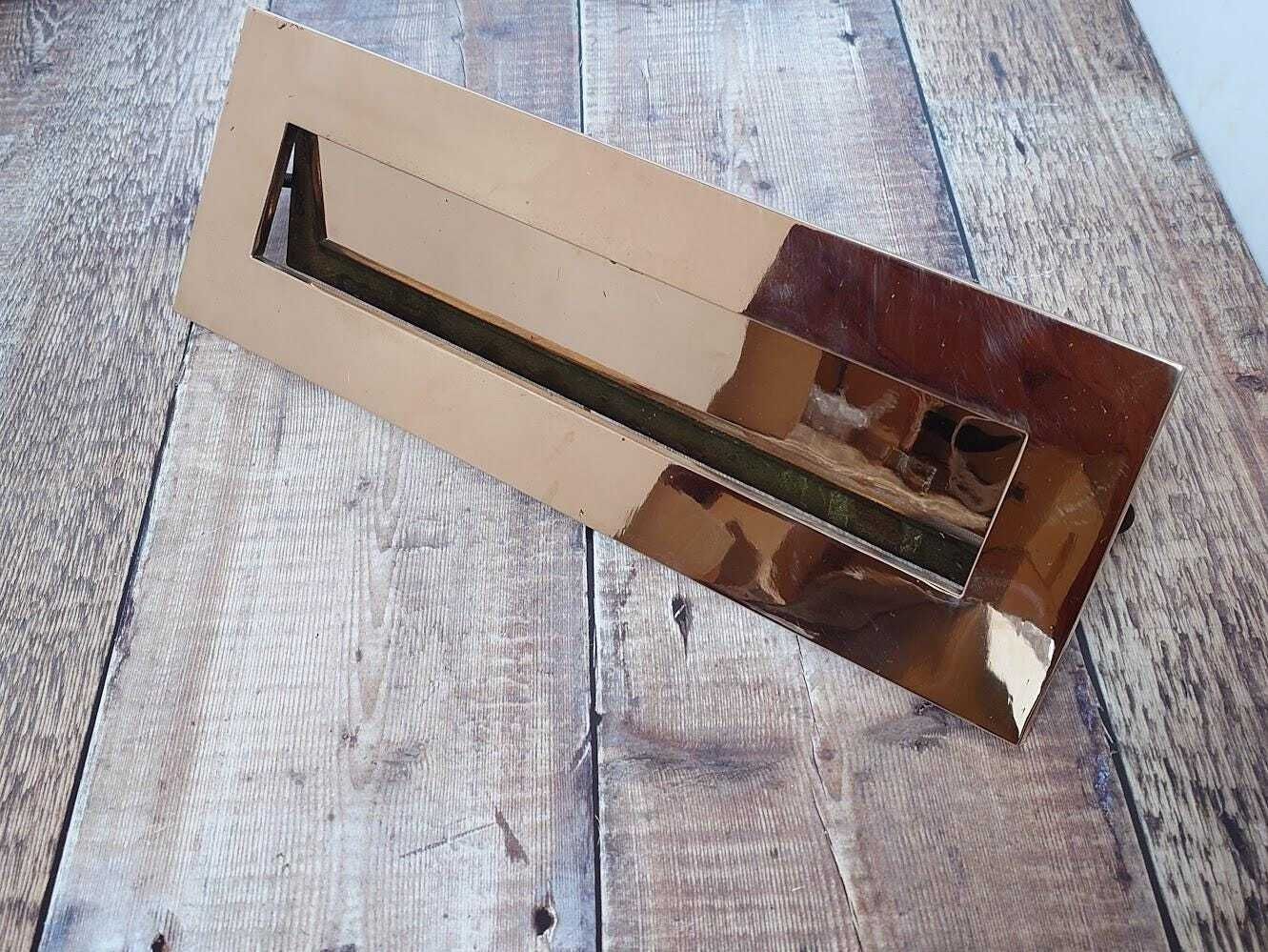 Very Large Polished Brass Door Letter Box Slot, Heavy Rose Brass Door Mail Slot photo Home Fixtures
