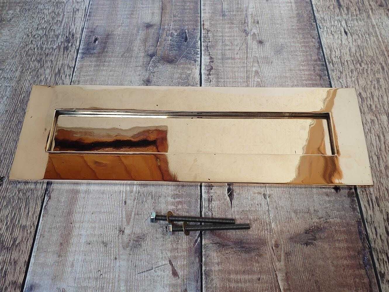 Very Large Polished Brass Door Letter Box Slot, Heavy Rose Brass Door Mail Slot photo vinterior