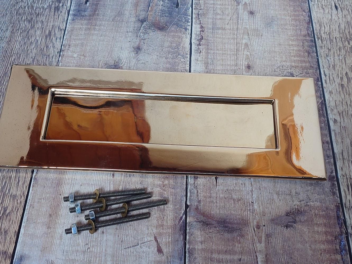 Very Large Polished Brass Door Letter Box Slot, Heavy Rose Brass Door Mail Slot photo vinterior