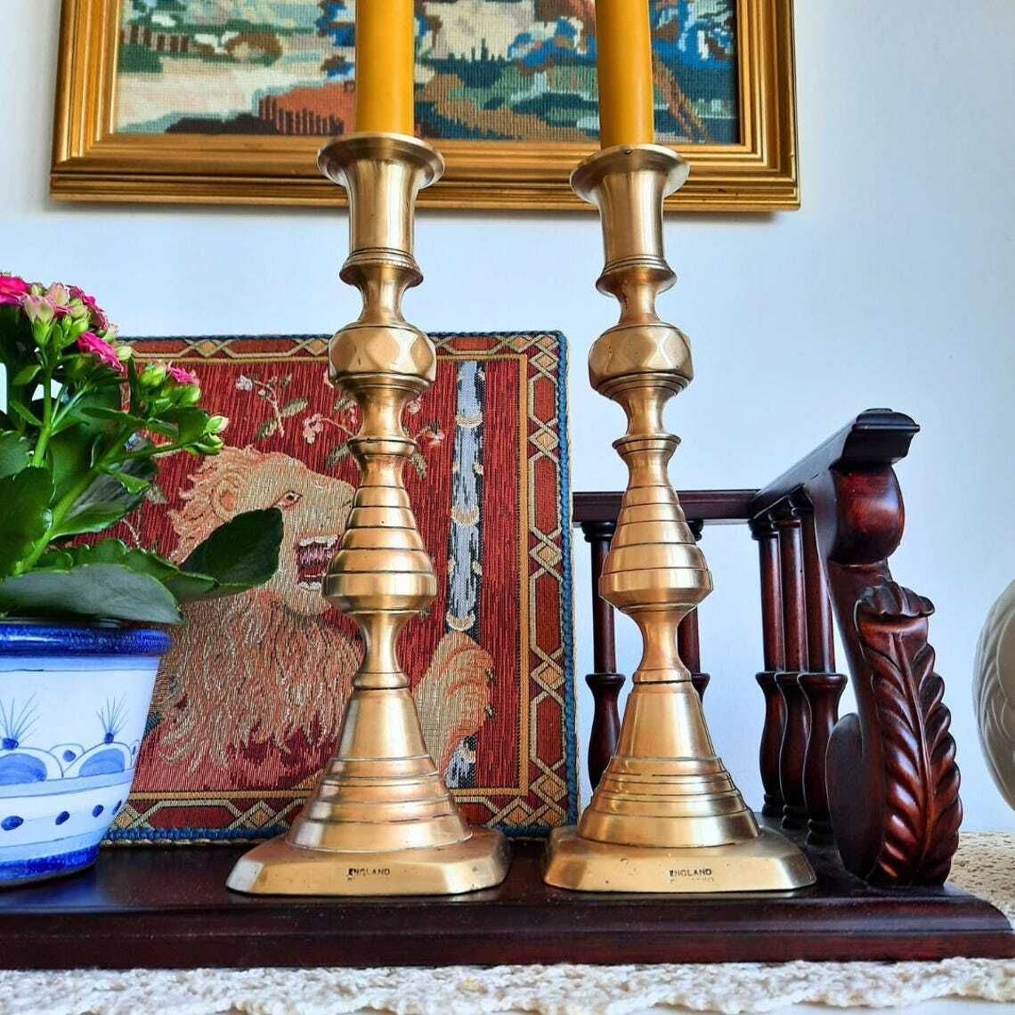 Antique Pair Of King Of Diamonds Beehive Brass Candlesticks Pair