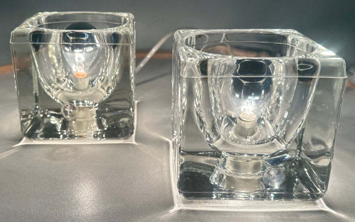 Pair Of 1970s German Peill & Putzler Clear Thick Cubed Glass Table Lamps photo furniture