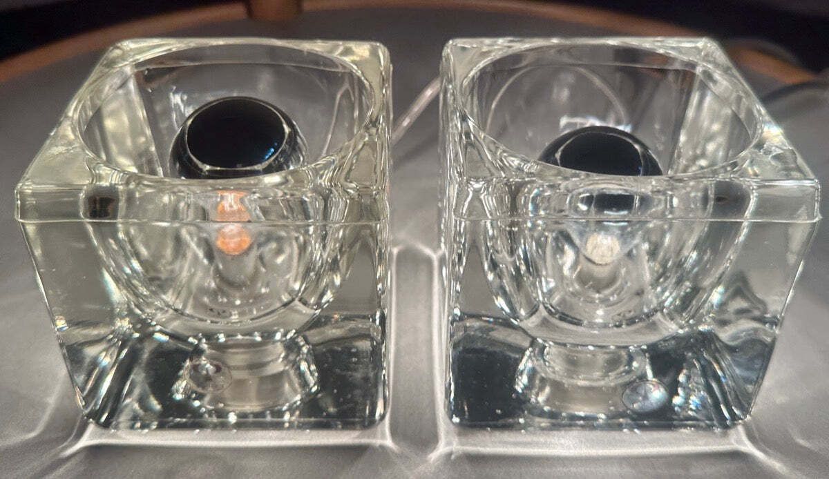 Pair Of 1970s German Peill & Putzler Clear Thick Cubed Glass Table Lamps photo for sale