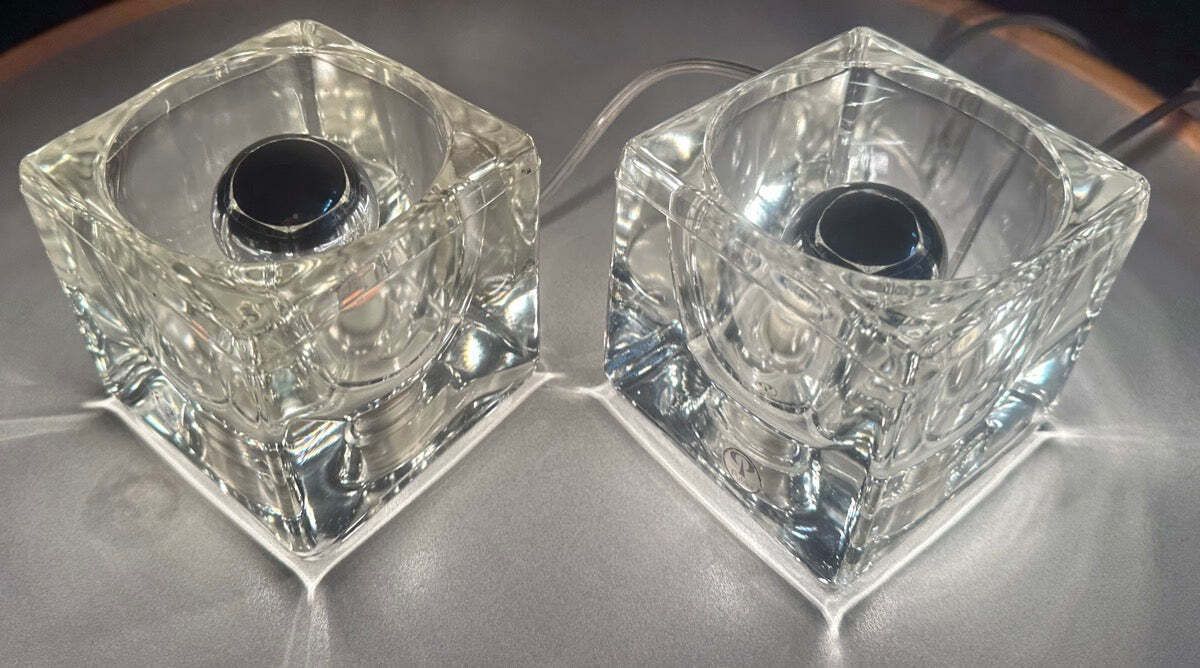 Pair Of 1970s German Peill & Putzler Clear Thick Cubed Glass Table Lamps photo vintage