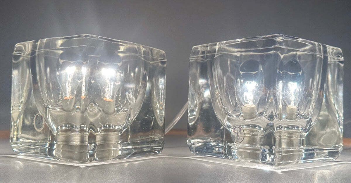 photo for sale Pair Of 1970s German Peill & Putzler Clear Thick Cubed Glass Table Lamps