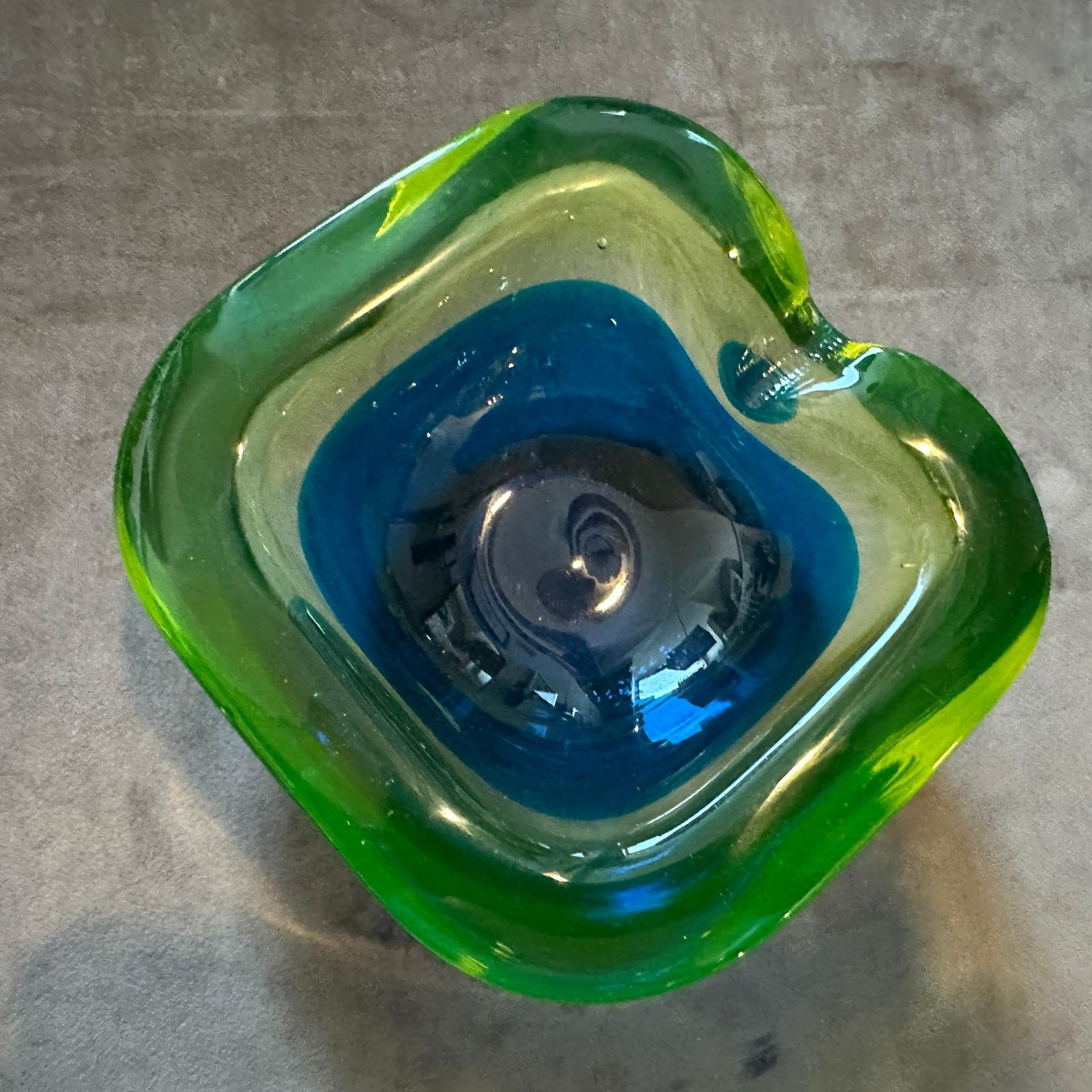 1970s Modern Blue And Green Lime Sommerso Murano Glass Ashtray By Seguso photo vinterior