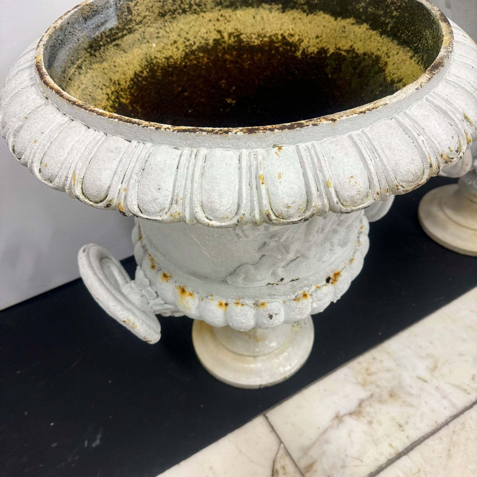 Pair Of Antique Campaign Cast Iron Urns photo Garden Decor