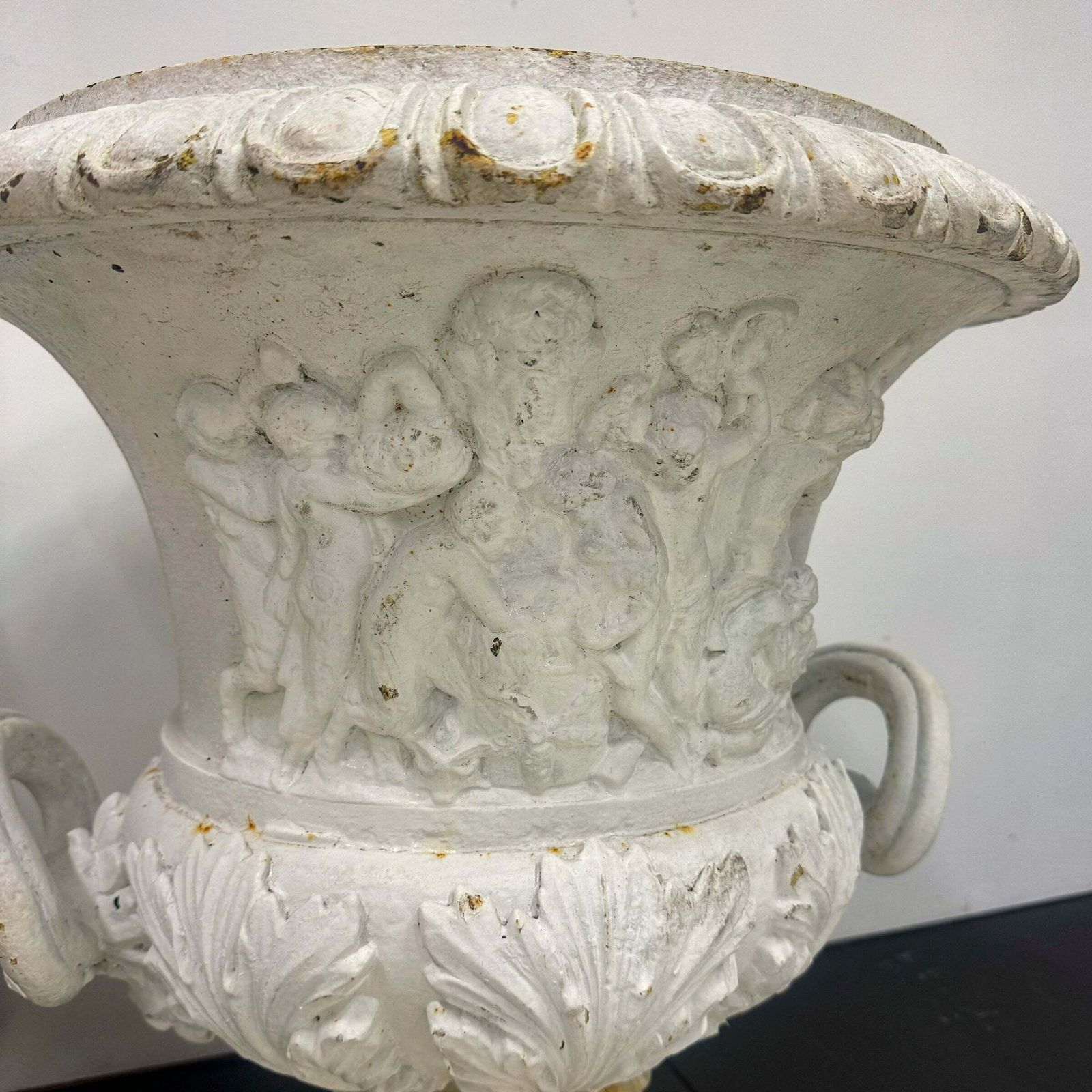 photo buy Pair Of Antique Campaign Cast Iron Urns