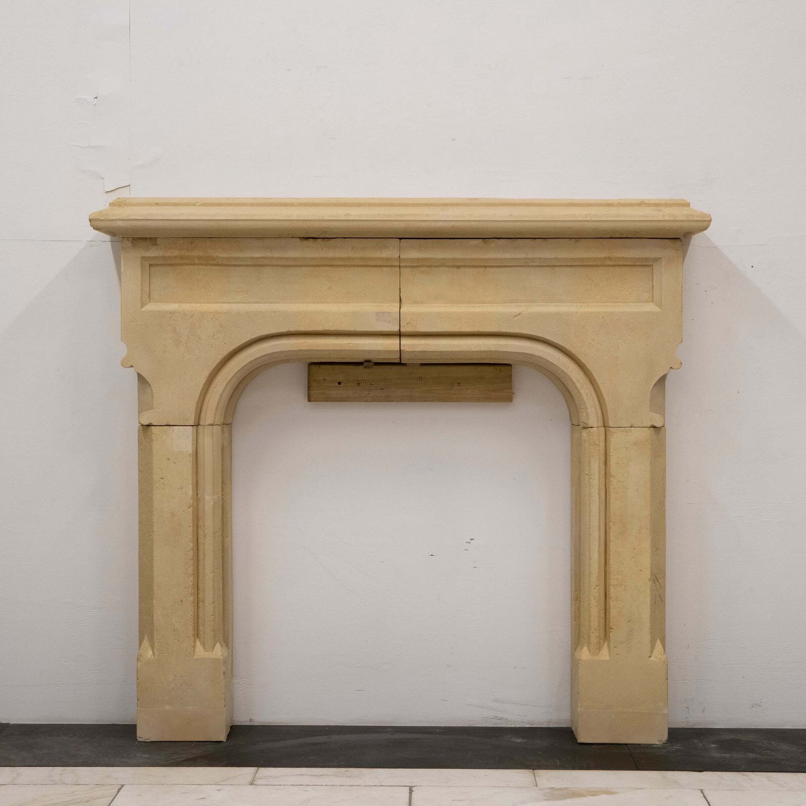 photo vintage Antique English Stone Gothic Revival Fireplace