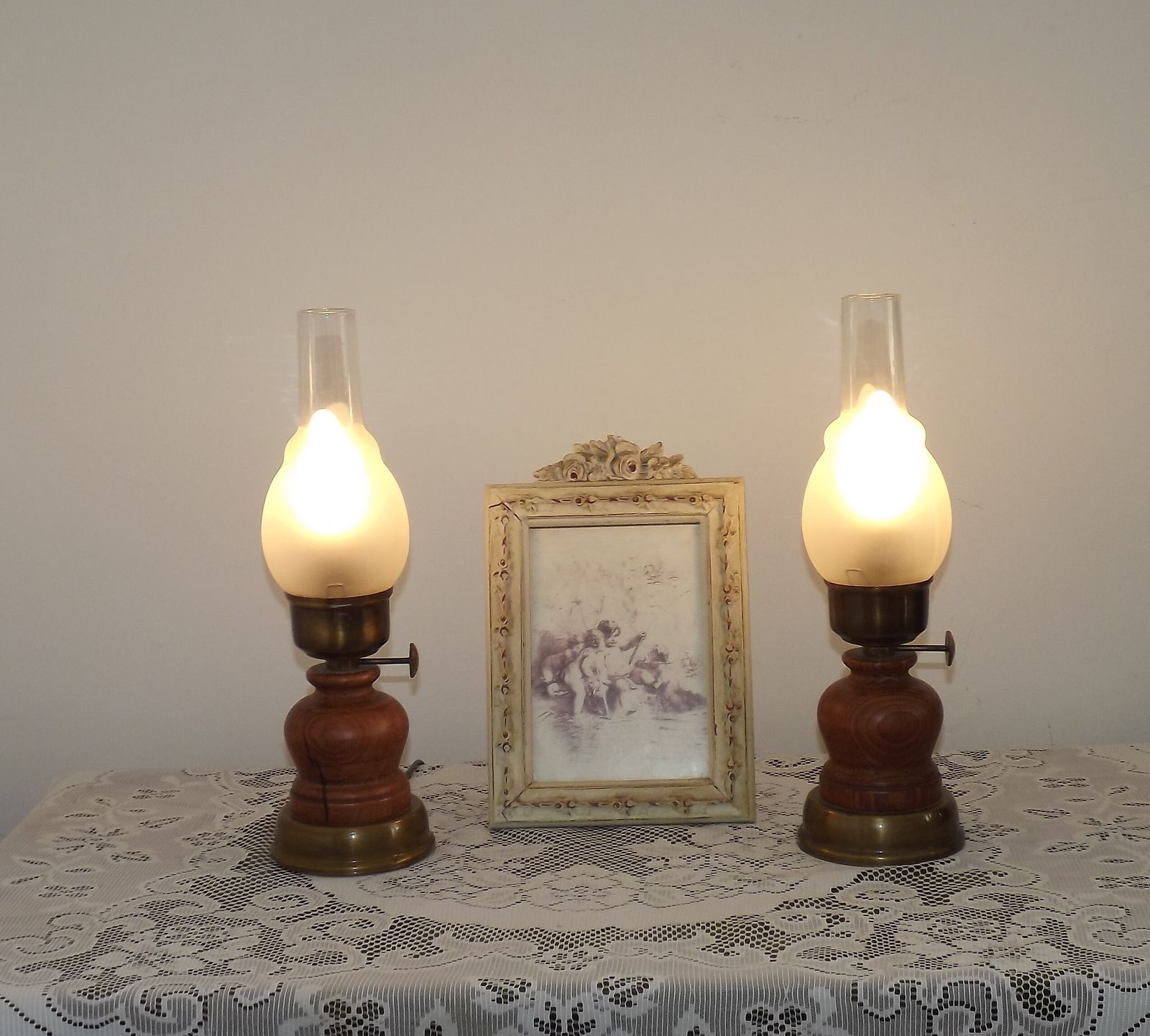 Pair French Vintage Oil Lantern Style Lamps Wood & Brass With Glass Funnels. Bedside Lamps. photo furniture