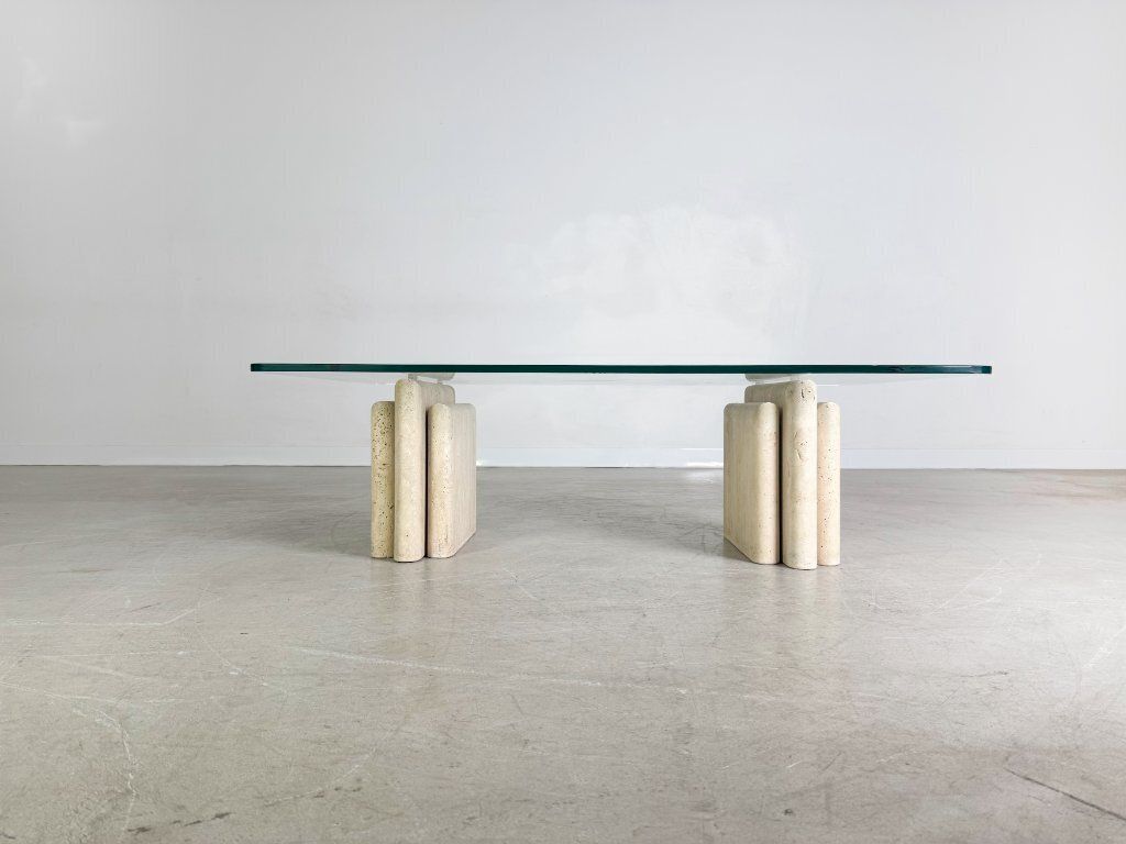 Original Midcentury Travertine Coffee Table Italy Glass Design photo 924.0