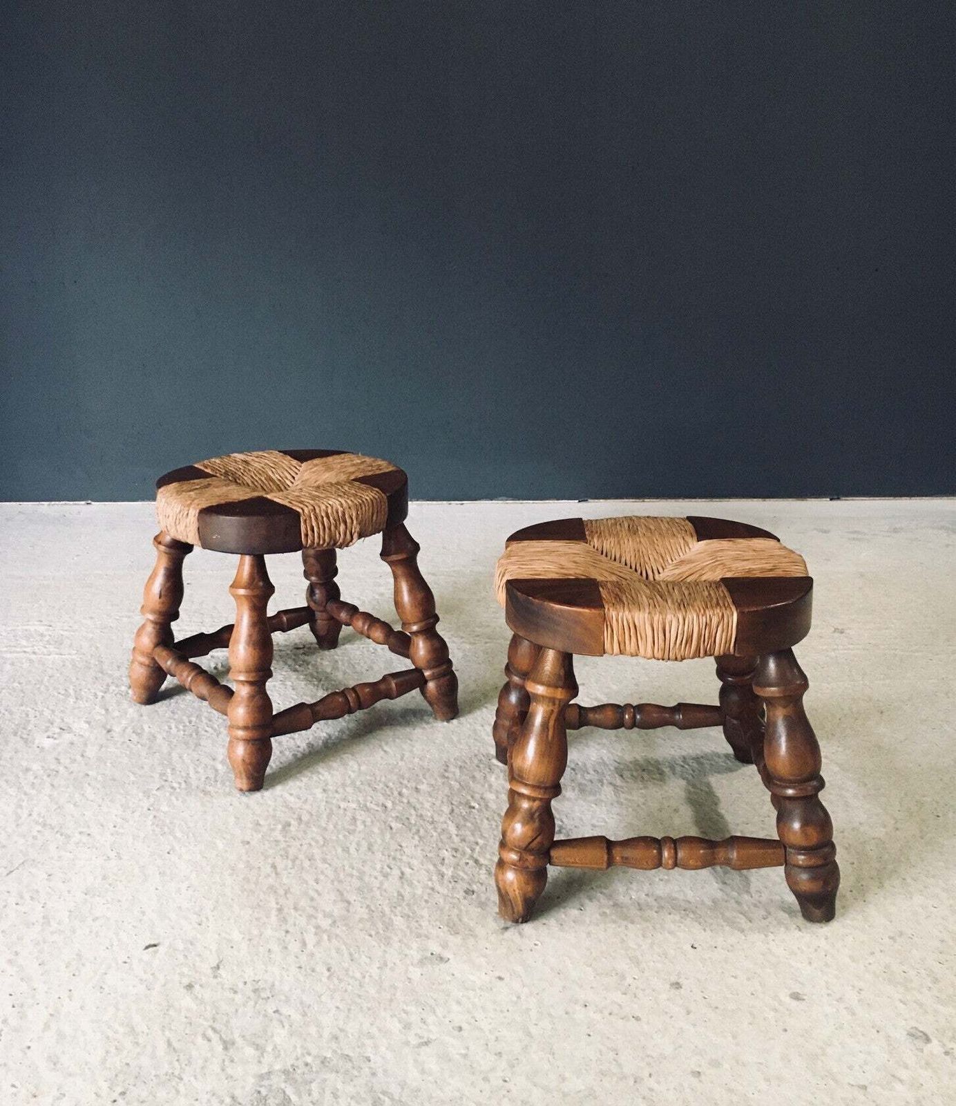 photo for sale Rustic Design Low Oak & Rush Stools, France 1940's