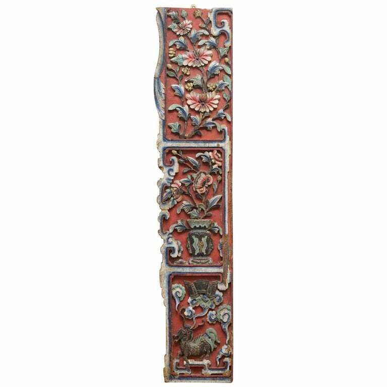 Chinese Circa 1860 Antique Victorian Original Paint Carved Wood Wall Panel