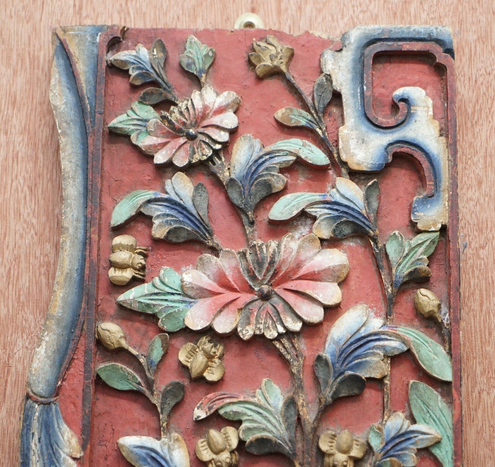 photo for sale Chinese Circa 1860 Antique Victorian Original Paint Carved Wood Wall Panel