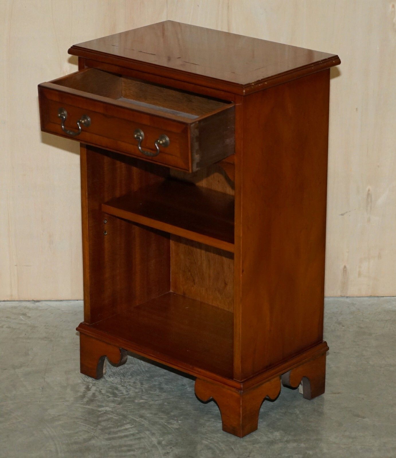 550.0 Vintage Yew Wood Side / End Sized Book Table With Single Drawer And Bookshelves photo