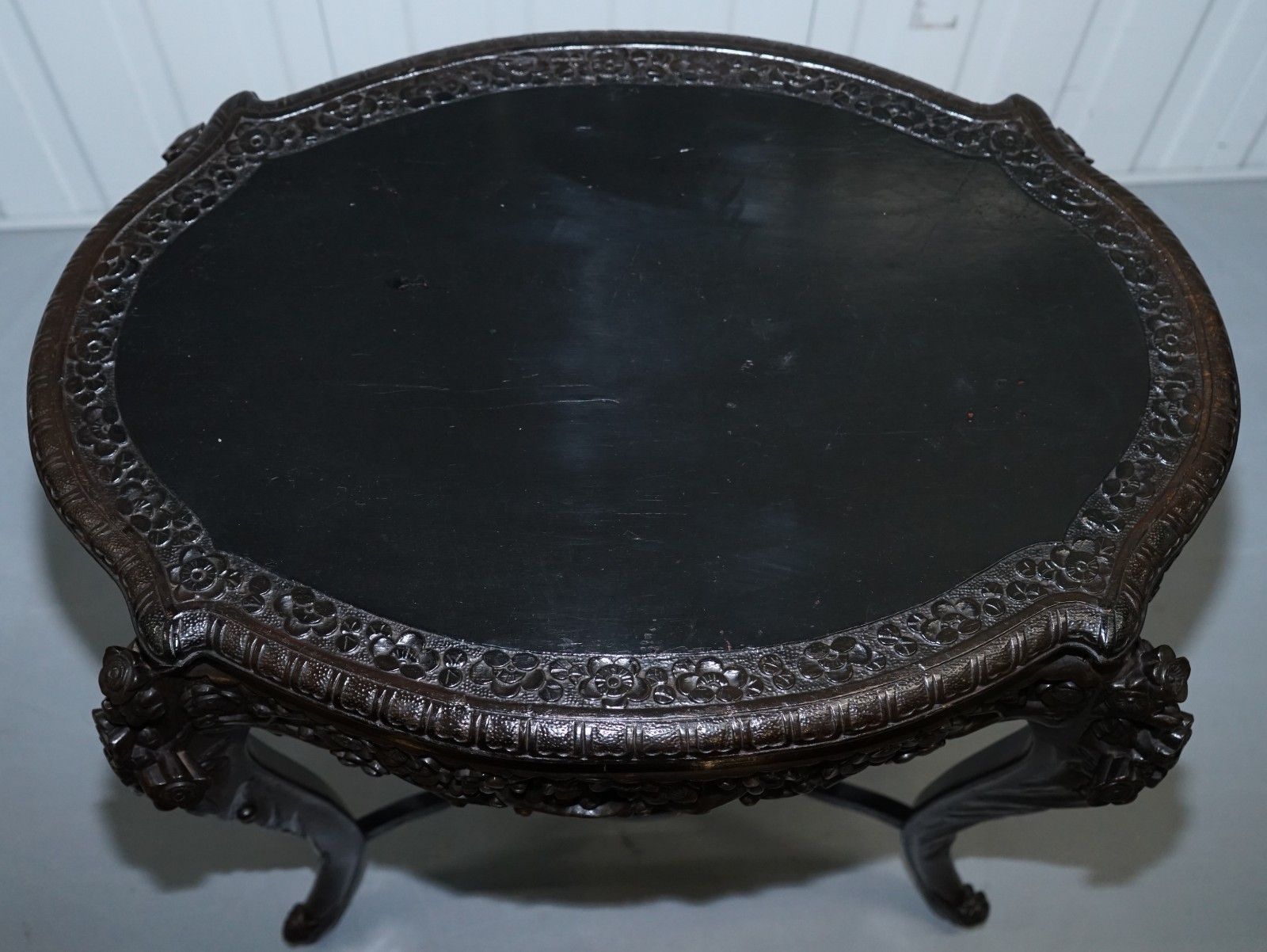 Heavily Carved Chinese Export Occasional Centre Table Black Lacquered Finish photo for sale