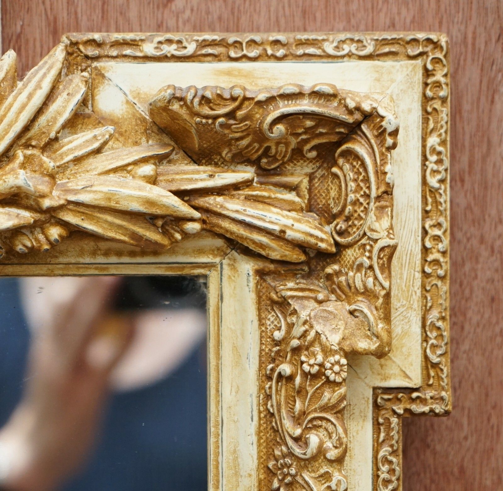 Ornately Decorated Wedding Mirror Depicting Two Turtle Doves Kissing Gilt Decor photo vinterior