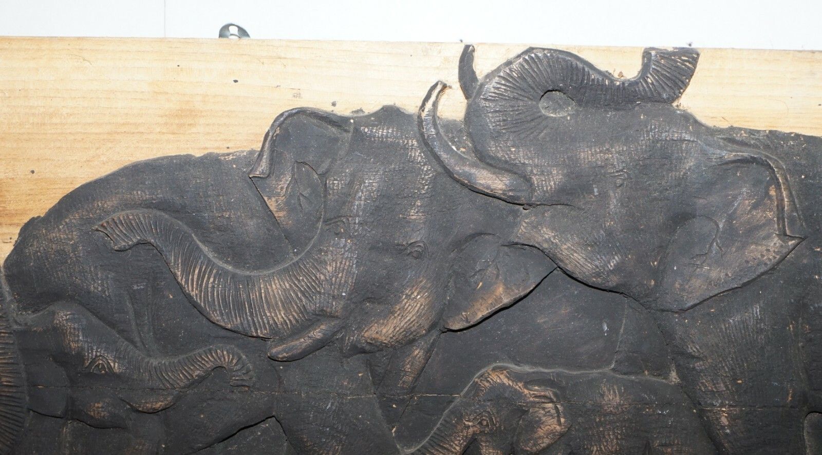 Lovely Vintage Carved Wood Display Depicting A Herd Of Elephants Circa 1960's photo buy