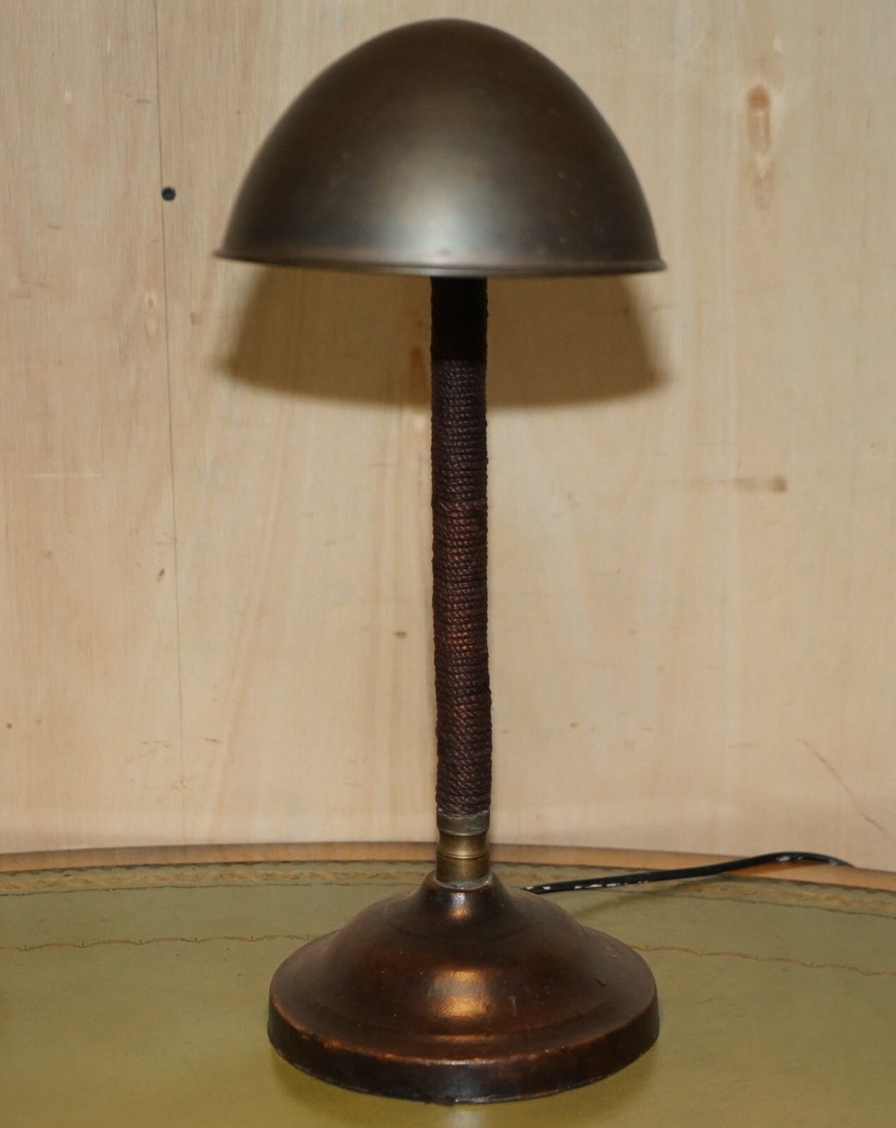 Stunning Antique Circa 1930's Art Deco Bankers Table Lamp Stitched Leather Rope photo vintage