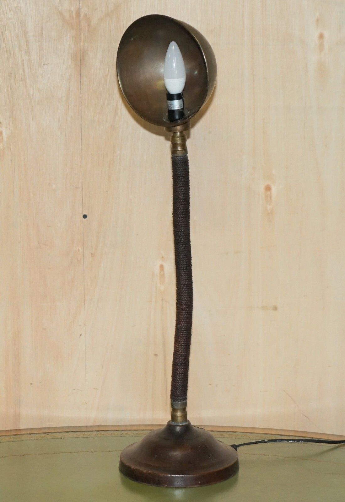photo buy Stunning Antique Circa 1930's Art Deco Bankers Table Lamp Stitched Leather Rope