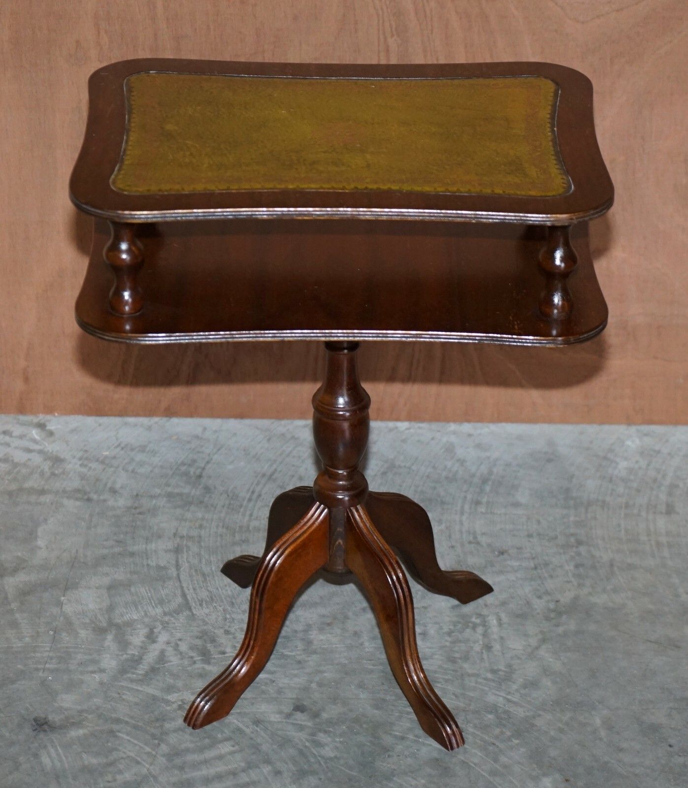 Vintage Green Leather & Mahogany Tripod Magazine Newspaper Side End Lamp Table photo for sale