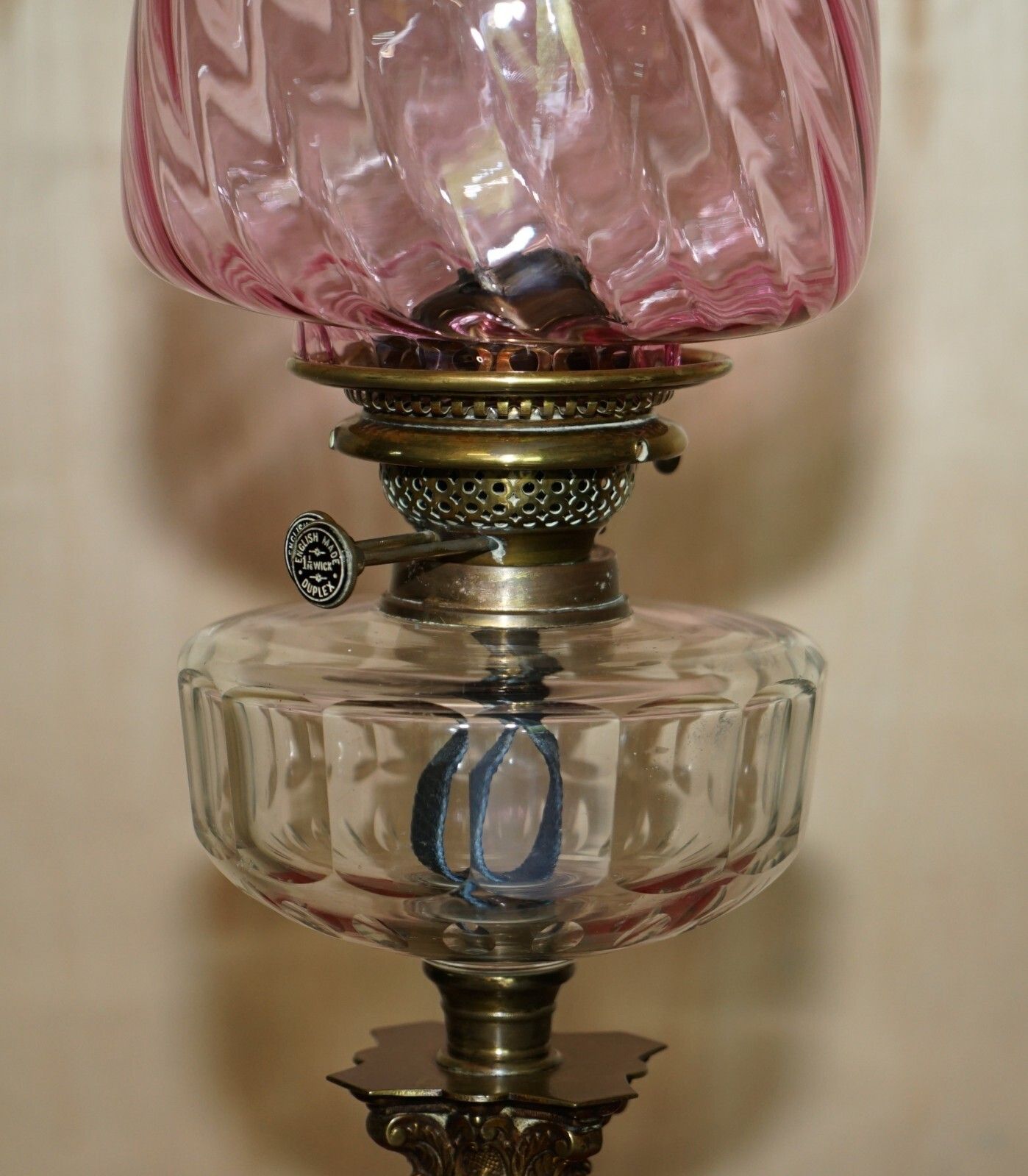Anitique Spiral Corinthian Pillar Base Victorian Oil Lamp Original Ruby Glass photo for sale