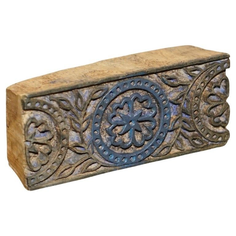 Very Collectable Antique Hand Carved Blue Flower Printing Block For Wallpaper