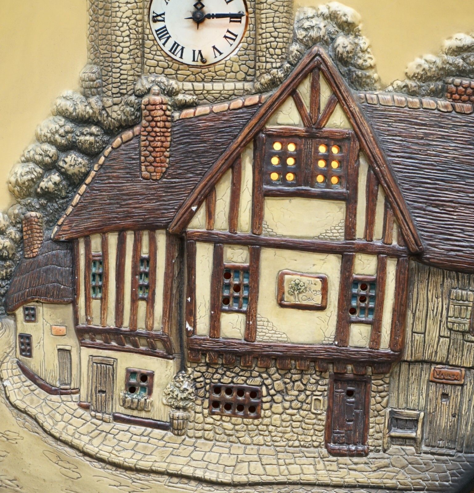 Vintage Circa 1950's Wall Hanging Clock With Lamps Depicting A Village Scene photo vinterior
