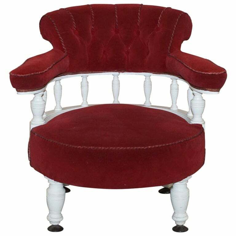 Victorian Red Velvet Upholstered Oak Framed Small Captains Occasional Armchair